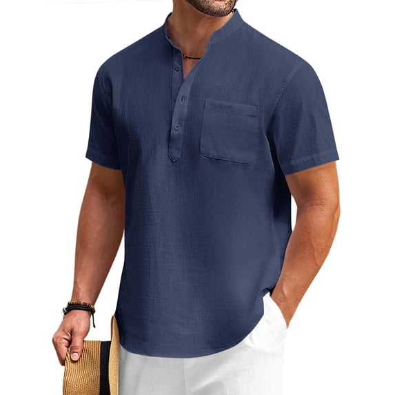 COOFANDY Men's Casual Cotton Linen Short Sleeve Henley T-Shirts Summer Lightweight Banded Collar Beach Tops