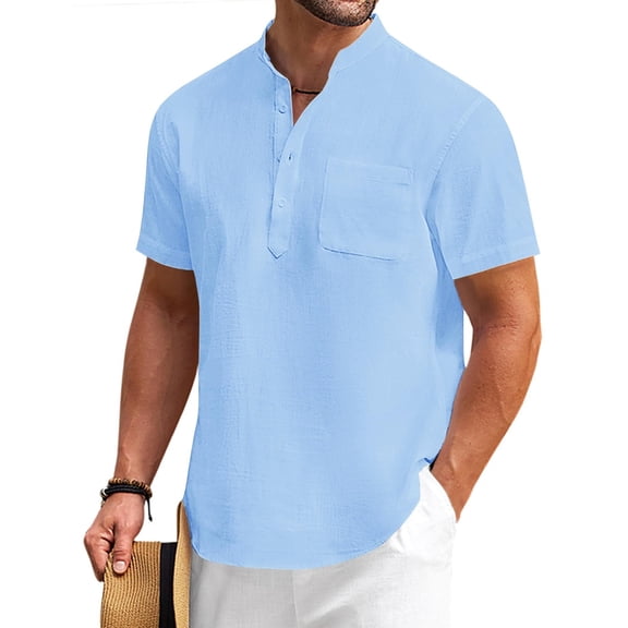 COOFANDY Men's Casual Cotton Linen Short Sleeve Henley T-Shirts Summer Lightweight Banded Collar Beach Tops