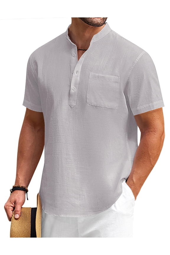 Men's Cotton Linen Henley Shirt Short Sleeve Hippie Casual Beach T-Shirts with Pocket