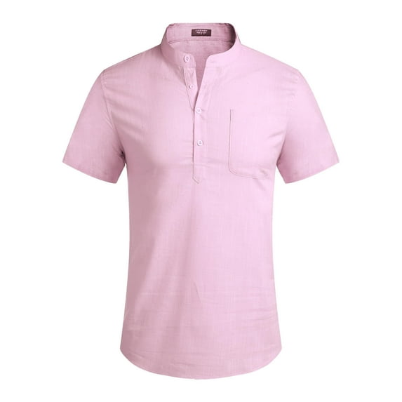 COOFANDY Men's Cotton Linen Henley Shirt Short Sleeve Hippie Casual Beach T-Shirts with Pocket Pink L