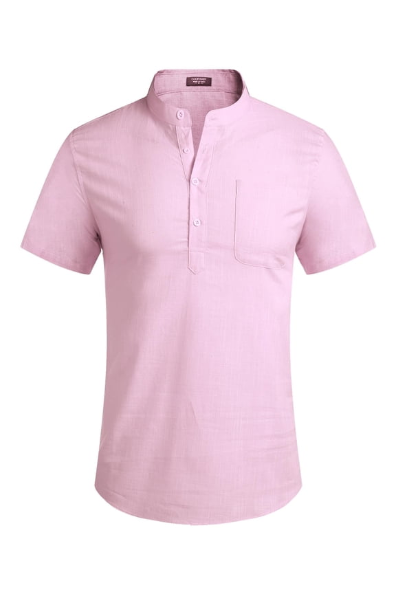 Men's Cotton Linen Henley Shirt Short Sleeve Hippie Casual Beach T-Shirts with Pocket Pink XL
