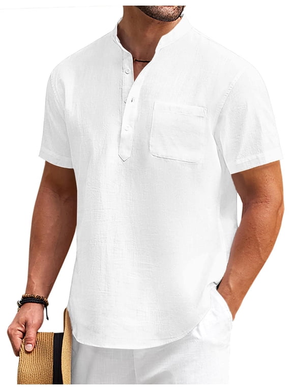 Men's Cotton Linen Henley Shirt Short Sleeve Hippie Casual Beach T-Shirts with Pocket