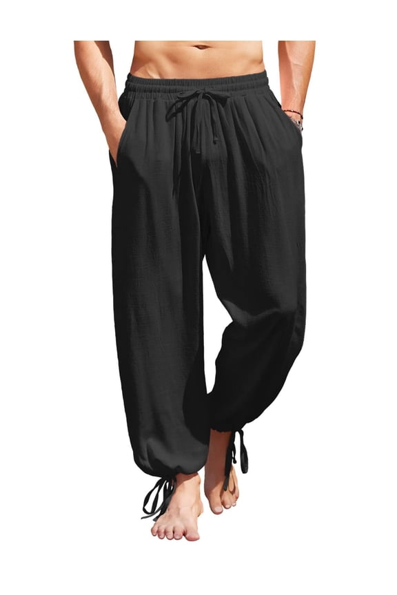 Men&Women Cotton Linen Harem Pants Drawstring Casual Cropped Trouserss Lightweight Loose Beach Yoga Pants with Pockets