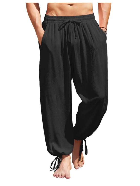 Men&Women Cotton Linen Harem Pants Drawstring Casual Cropped Trouserss Lightweight Loose Beach Yoga Pants with Pockets