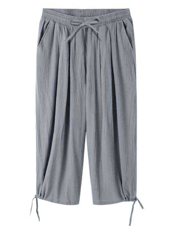 Men's Cotton Linen Pants Casual Harem Pants Elastic Waist Beach Boho Yoga Trousers Grey Blue M
