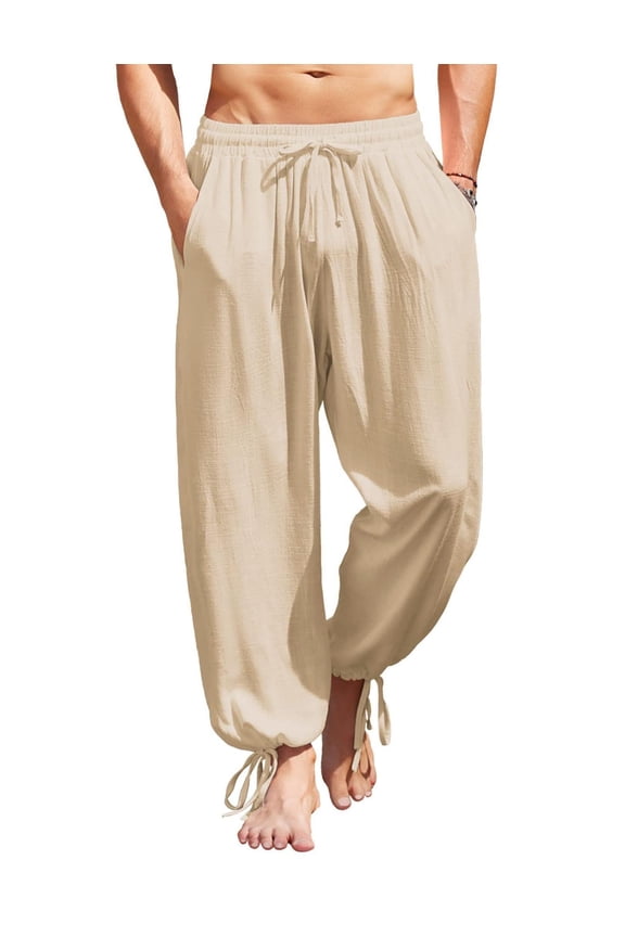 Men's Cotton Linen Pants Casual Harem Pants Elastic Waist Beach Boho Yoga Trousers