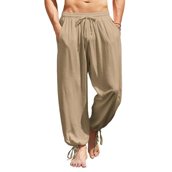 COOFANDY Men&Women Cotton Linen Harem Pants Drawstring Casual Cropped Trouserss Lightweight Loose Beach Yoga Pants with Pockets