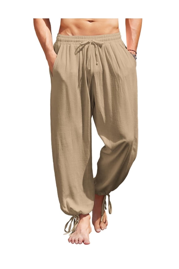 Men&Women Cotton Linen Harem Pants Drawstring Casual Cropped Trouserss Lightweight Loose Beach Yoga Pants with Pockets