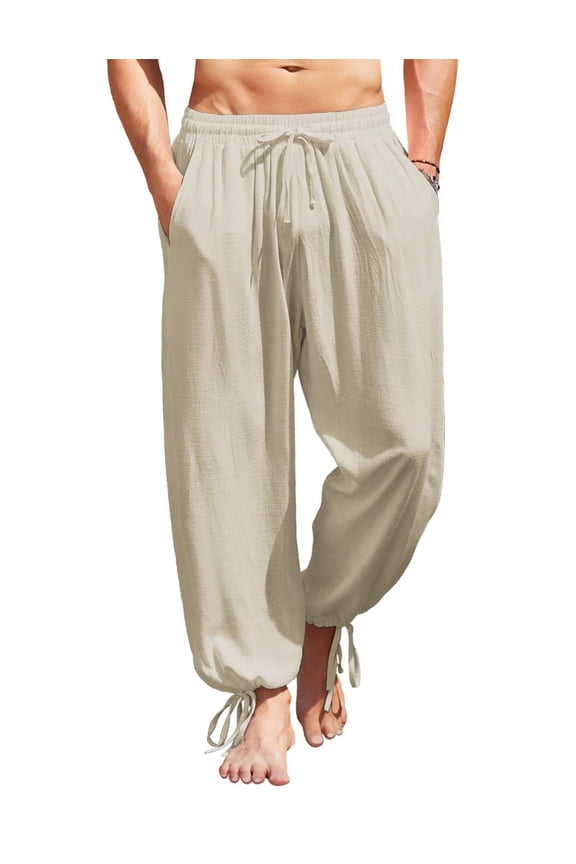 Men&Women Cotton Linen Harem Pants Drawstring Casual Cropped Trouserss Lightweight Loose Beach Yoga Pants with Pockets