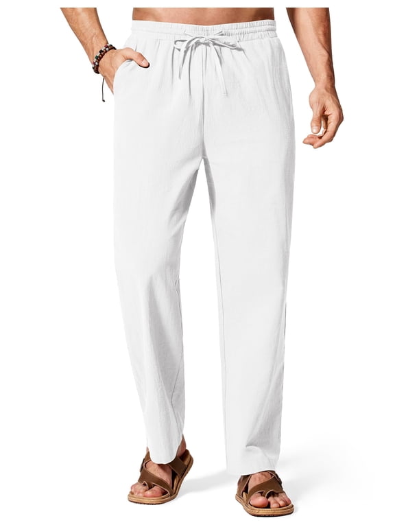Men's Cotton Linen Pants Elastic Waist Drawstring Summer Beach Trousers Casual Yoga Pant