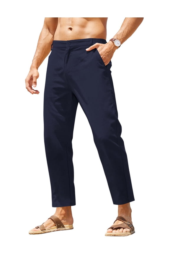 Men's Cotton Linen Pants Elastic Waist Lightweight Casual Pants Relaxed Fit Yoga Beach Pants with Pockets