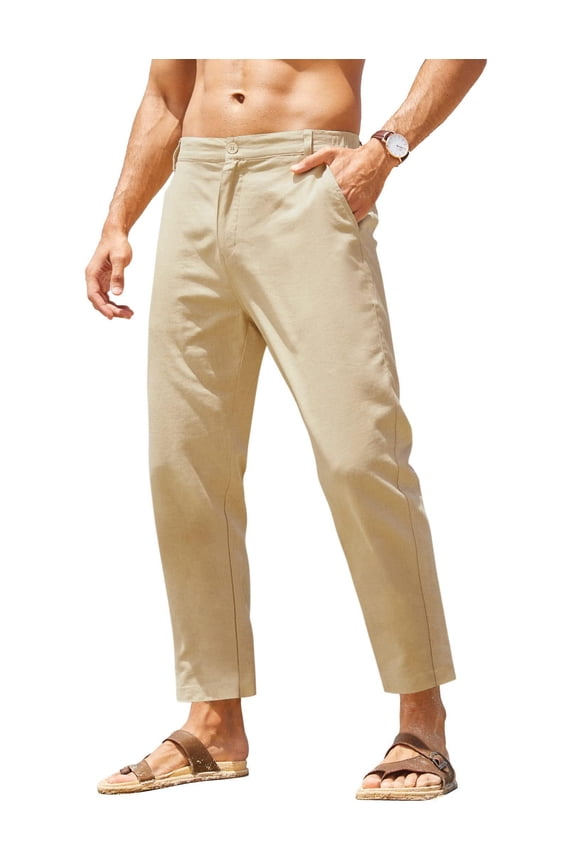 Men's Cotton Linen Pants Elastic Waist Lightweight Casual Pants Relaxed Fit Yoga Beach Pants with Pockets