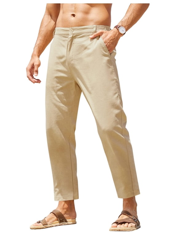 Men's Cotton Linen Pants Elastic Waist Lightweight Casual Pants Relaxed Fit Yoga Beach Pants with Pockets