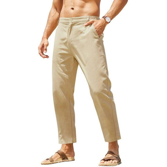 COOFANDY Men's Cotton Linen Pants Elastic Waist Lightweight Casual Pants Relaxed Fit Yoga Beach Pants with Pockets