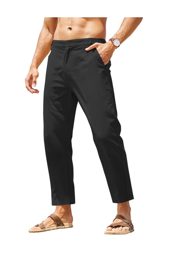 Men's Cotton Linen Pants Elastic Waist Lightweight Casual Pants Relaxed Fit Yoga Beach Pants with Pockets