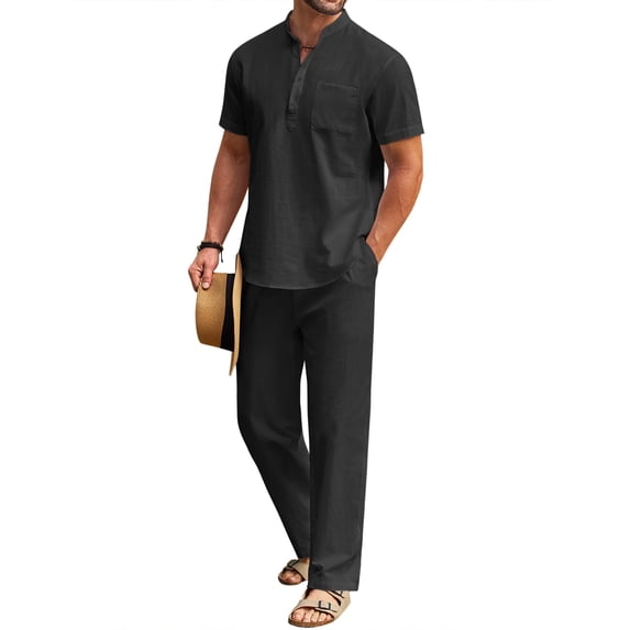 COOFANDY Men's Cotton Linen Sets 2 Piece Casual Blue Henley Shirt Short Sleeve Beach pants with Pockets Outfits