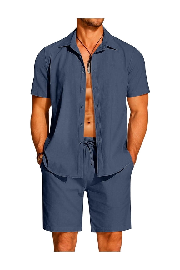 Mens Cotton Linen Button Down Shirt Vacation Short Summer Beach Shorts Walking Suit Outfits Two Piece Sets
