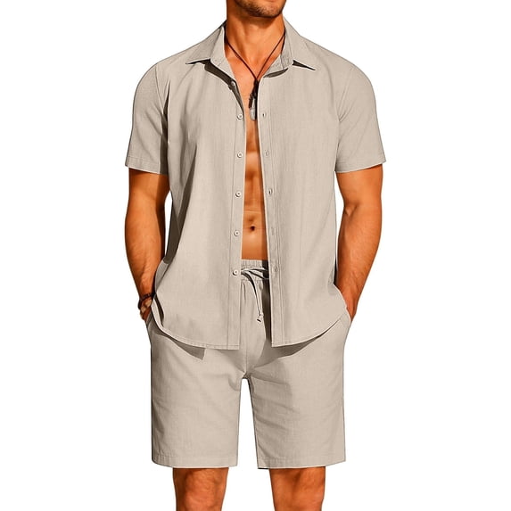 COOFANDY Men's Cotton Linen Set Short Sets Casual Button-Down Shirts Summer Beach Cotton Shorts Fashion Festival Suit