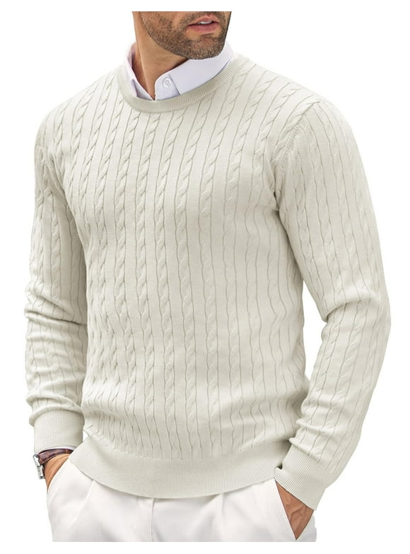 Men's Crewneck Knit Sweater Slim Fit Lightweight Casual Twist Patterned Cable Knitted Pullover