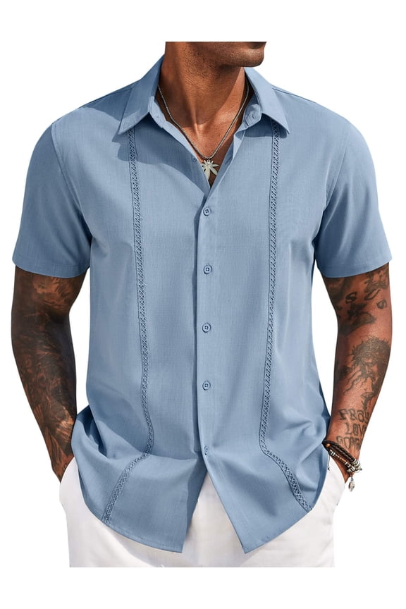 Men's Cuban Guayabera Casual Shirts Button Down Short Sleeve Shirt Summer Beach Mexican Tops