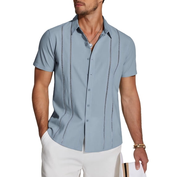COOFANDY Men's Cuban Guayabera Linen Shirt - Short Sleeve Casual Beach Summer Button Down