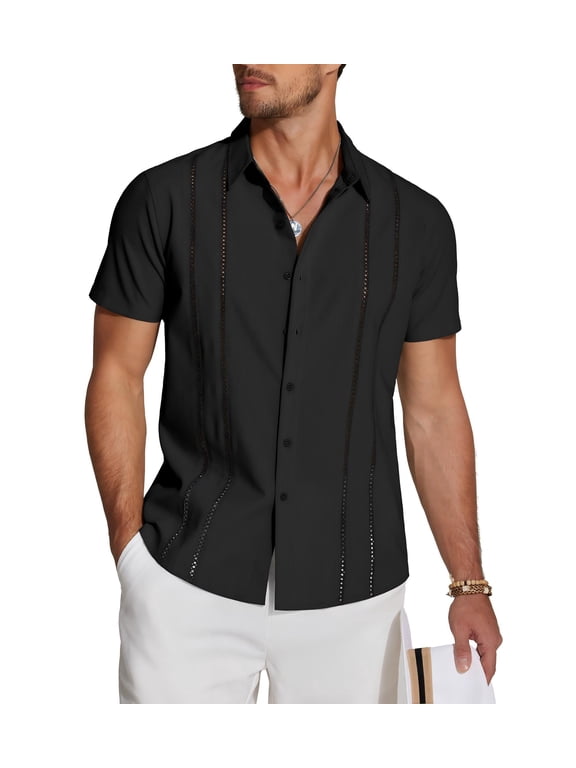 Men's Cuban Guayabera Linen Shirt - Short Sleeve Casual Beach Summer Button Down