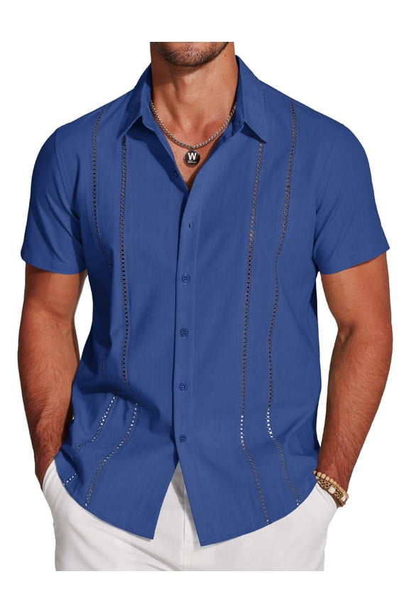 Men's Cuban Guayabera Linen Shirt - Short Sleeve Casual Beach Summer Button Down