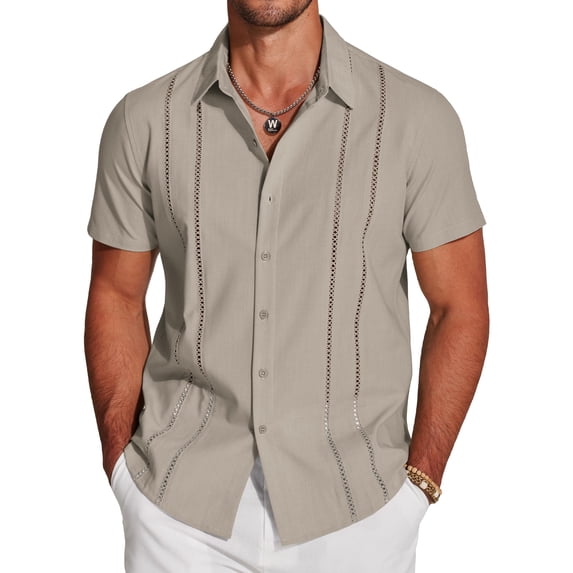 COOFANDY Men's Cuban Guayabera Linen Shirt - Short Sleeve Casual Beach Summer Button Down