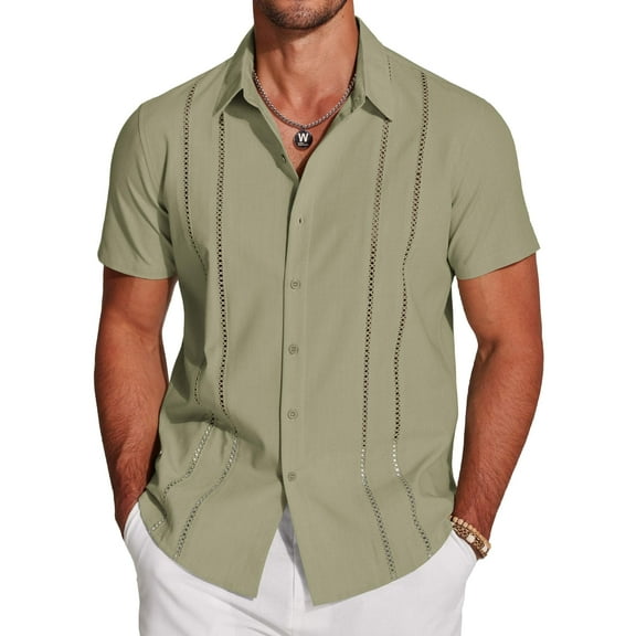 COOFANDY Men's Cuban Guayabera Short Sleeve Button Down Shirt - Casual Summer Beach Linen Shirts