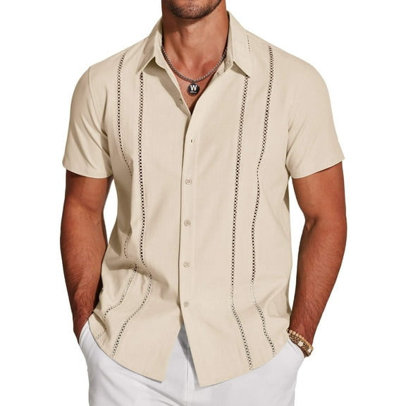 COOFANDY Men's Cuban Guayabera Short Sleeve Button Down Shirt - Casual Summer Beach Linen Shirts