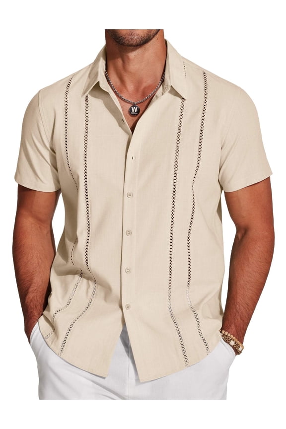 Men's Cuban Guayabera Short Sleeve Button Down Shirt - Casual Summer Beach Linen Shirts