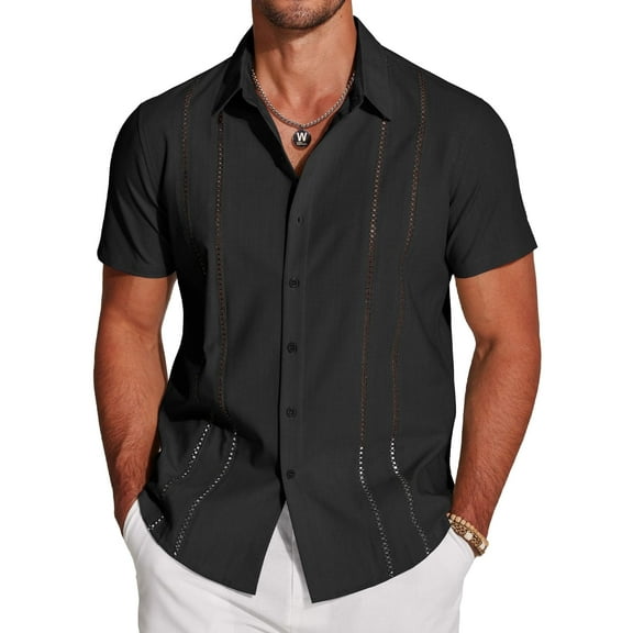 COOFANDY Men's Cuban Guayabera Short Sleeve Button Down Shirt - Casual Summer Beach Linen Shirts
