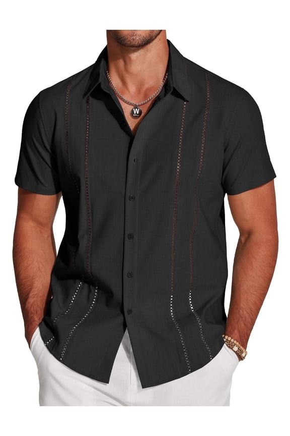 Men's Cuban Guayabera Short Sleeve Button Down Shirt - Casual Summer Beach Linen Shirts