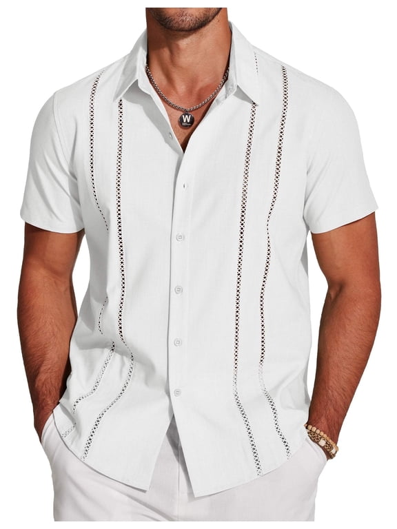 Men's Cuban Guayabera Short Sleeve Button Down Shirt - Casual Summer Beach Linen Shirts