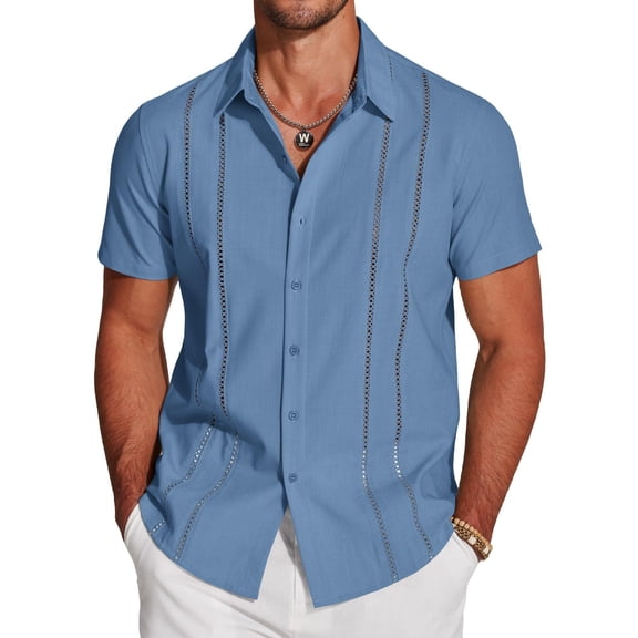 COOFANDY Men's Cuban Guayabera Short Sleeve Button Down Shirt - Casual Summer Beach Linen Shirts