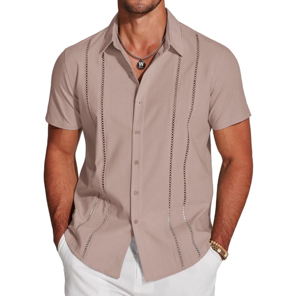 COOFANDY Men's Cuban Guayabera Short Sleeve Button Down Shirt - Casual Summer Beach Linen Shirts