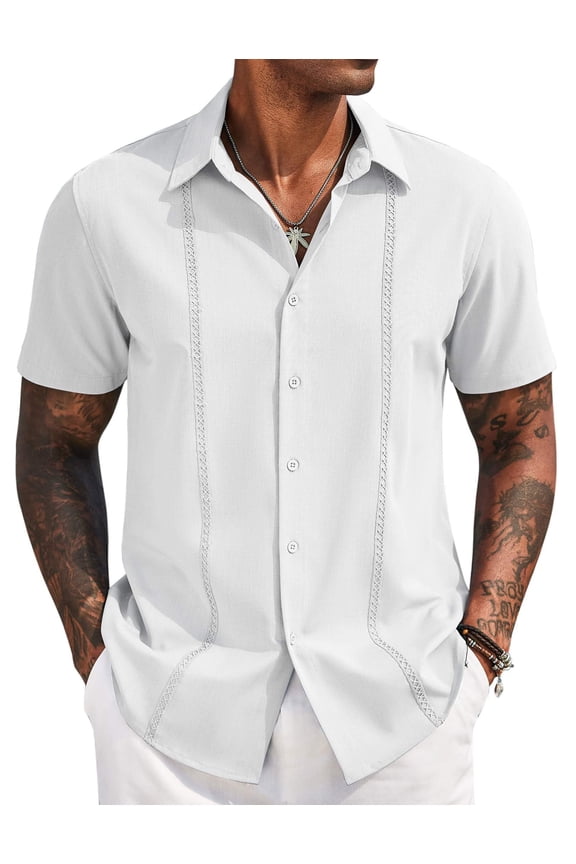 Men's Cuban Guayabera Short Sleeve Shirt Casual Beach Summer Button Down Shirts