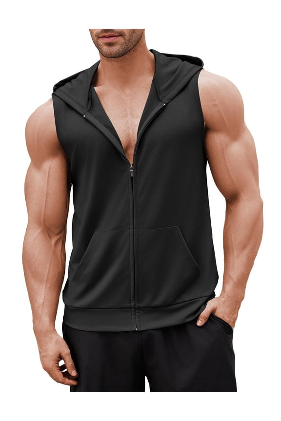 ELESOL Men's Workout Hoodedk Tops 1PC&2 PC Zip Up Sleeveless Gym Shirts Muscle Cut Off T Shirt Bodybuilding Hoodies