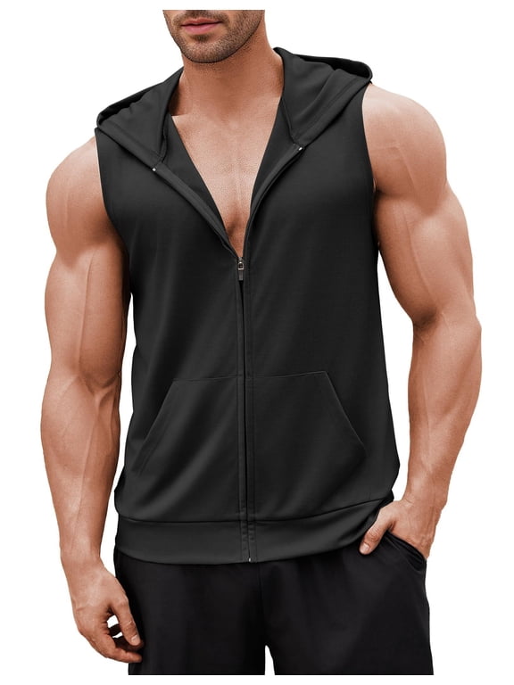 Muscle Hoodedk Top Men Zip Sleeveless Gym Hoodies Bodybuilding Muscle Cut Off T-Shirts Training Tee
