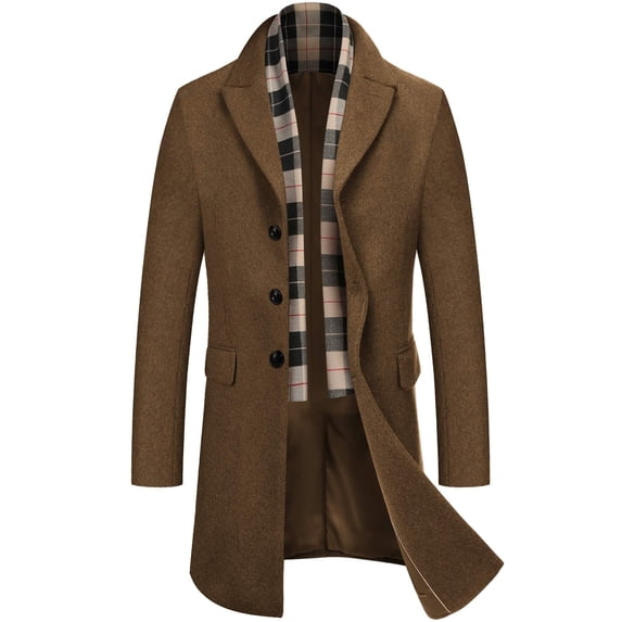 COOFANDY Men's Detachable Plaid Scarfs Wool Blend Coat - Notched Collar Single Breasted Pea Trench Overcoat