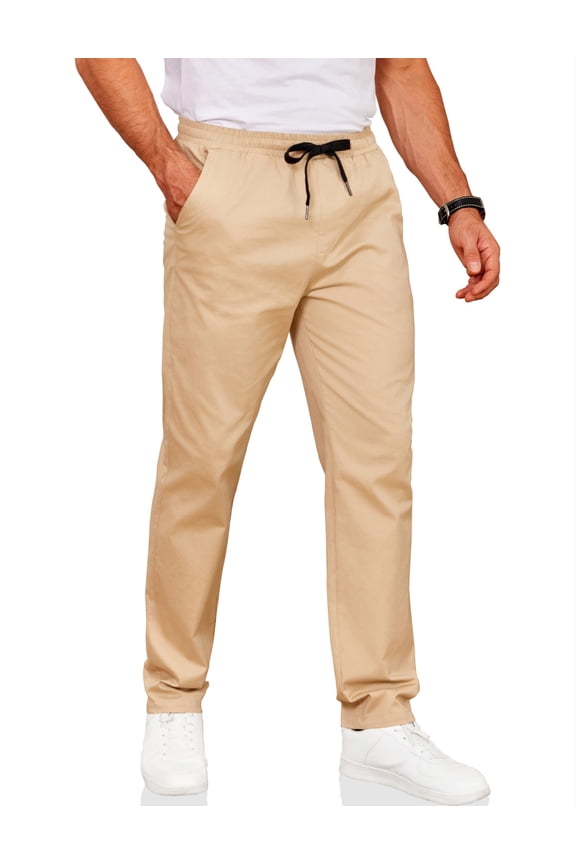Men's Elastic Waist Casual Pants Light Weight Drawstring Pull On Trousers Pockets Loose Fit Slacks