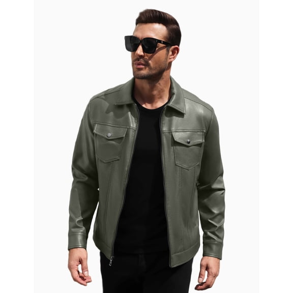 COOFANDY Men's Faux Leather Motorcycle Jacket Casual Lightweight Zip Up Trucker Outerwear with Multiple Pockets