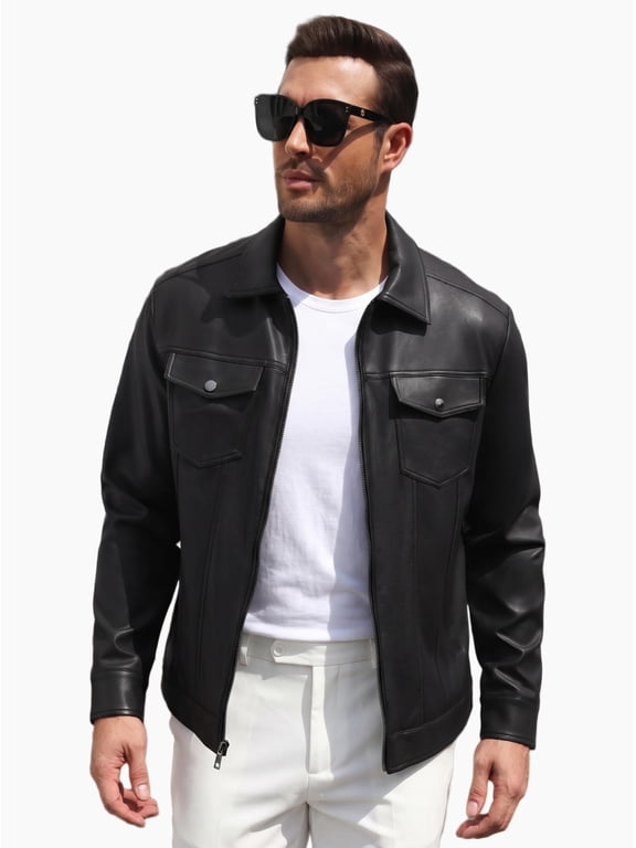 Men's Faux Leather Motorcycle Jacket Casual Lightweight Zip Up Trucker Outerwear with Multiple Pockets