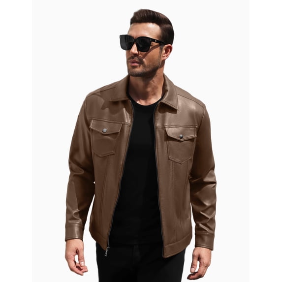 COOFANDY Men's Faux Leather Motorcycle Jacket Casual Lightweight Zip Up Trucker Outerwear with Multiple Pockets