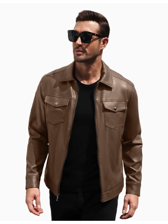 Men's Faux Leather Motorcycle Jacket Casual Lightweight Zip Up Trucker Outerwear with Multiple Pockets