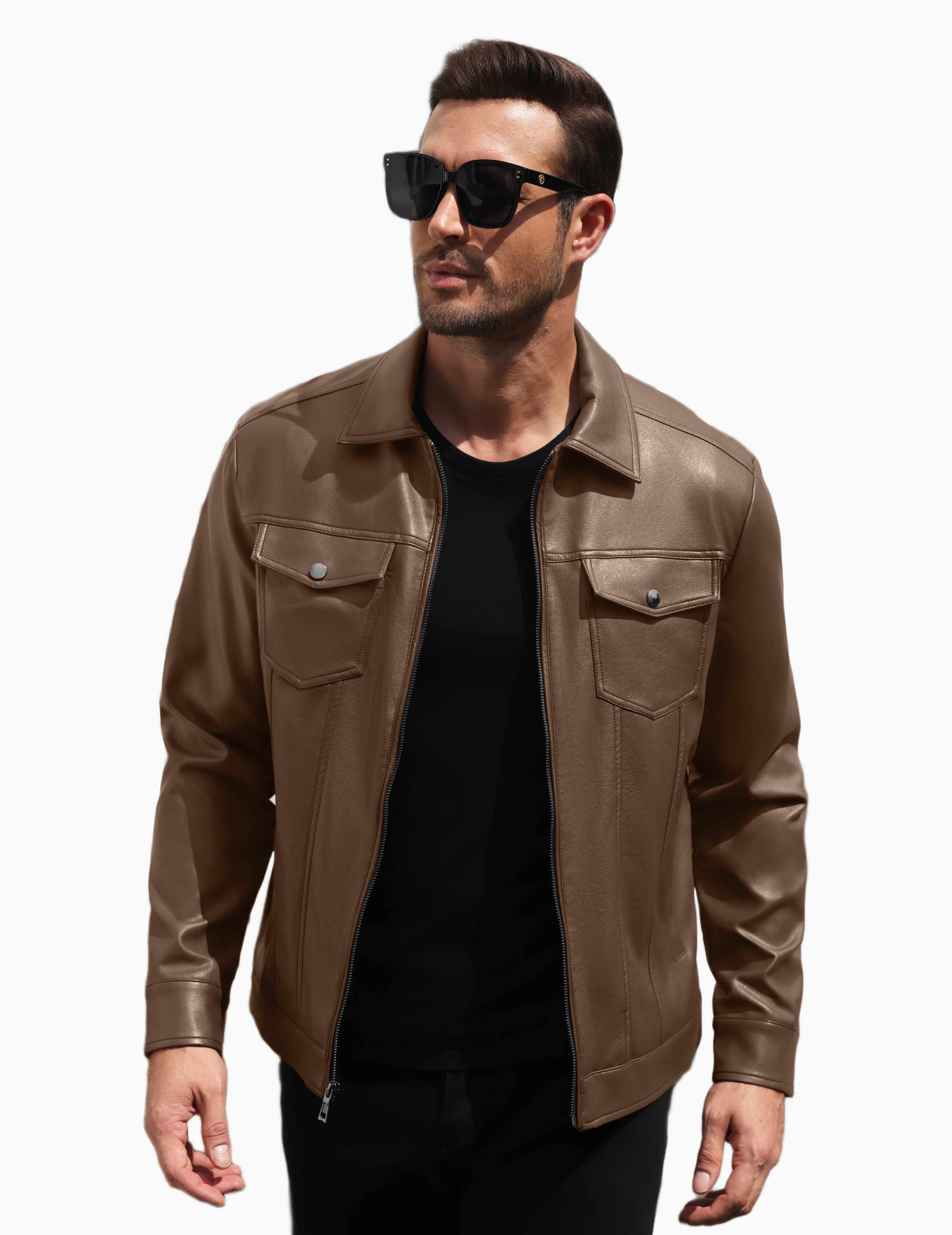 COOFANDY Men's Faux Leather Motorcycle Jacket Casual Lightweight Zip Up Trucker Outerwear with Multiple Pockets