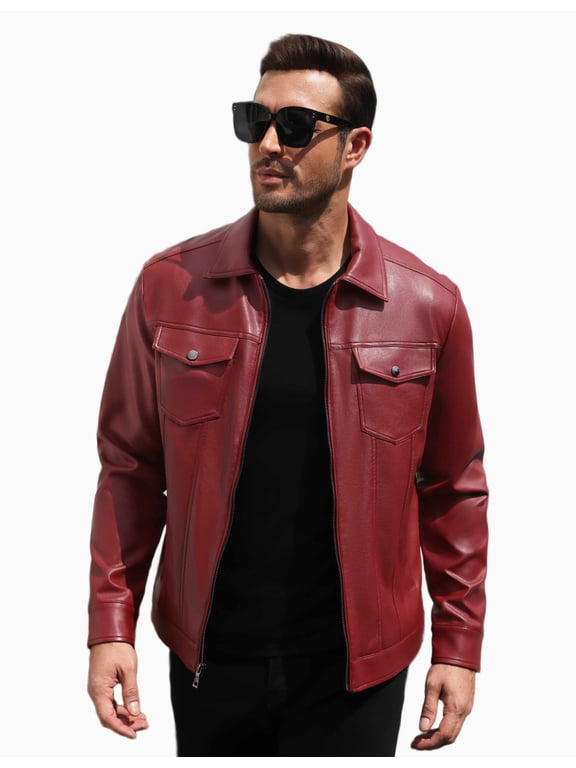Men's Faux Leather Motorcycle Jacket Casual Lightweight Zip Up Trucker Outerwear with Multiple Pockets