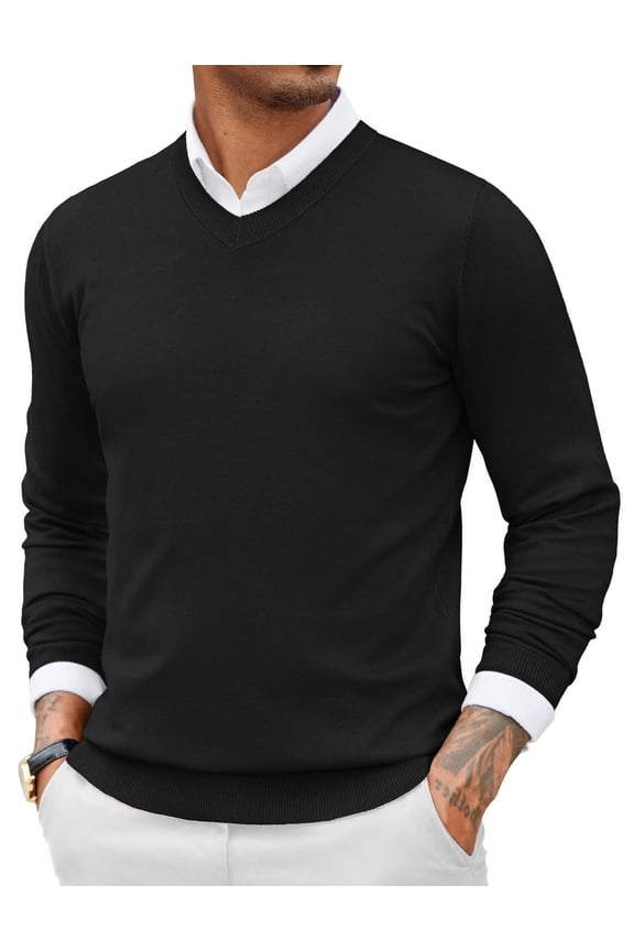 Men Casual V Neck Sweater Ribbed Knit Slim Fit Long Sleeve Pullover Top