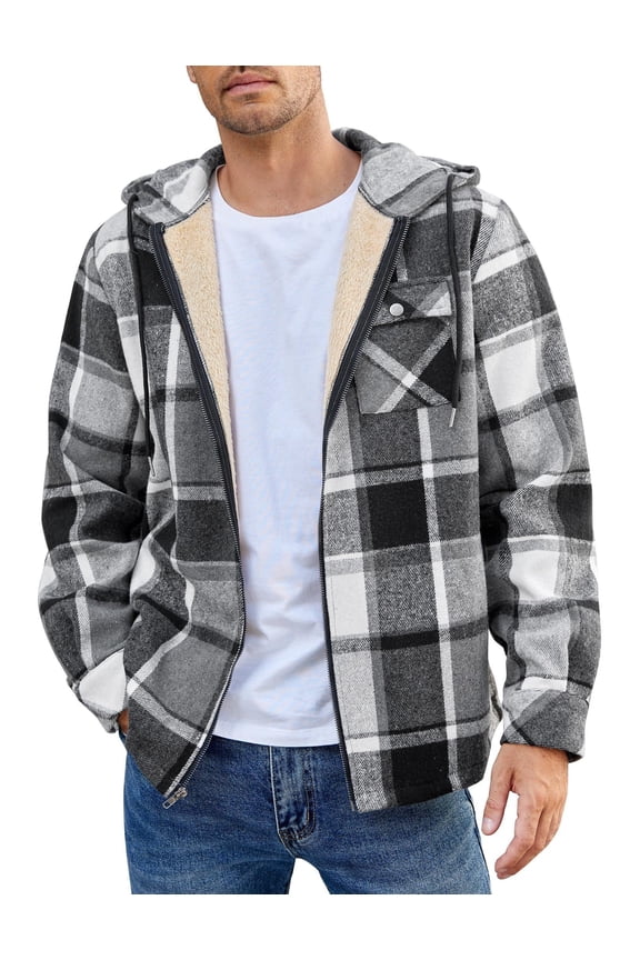 Men's Flannel Hooded Shirt Jacket Plaid Hoodie Zipper Sherpa Lined Winter Thermal Flannel