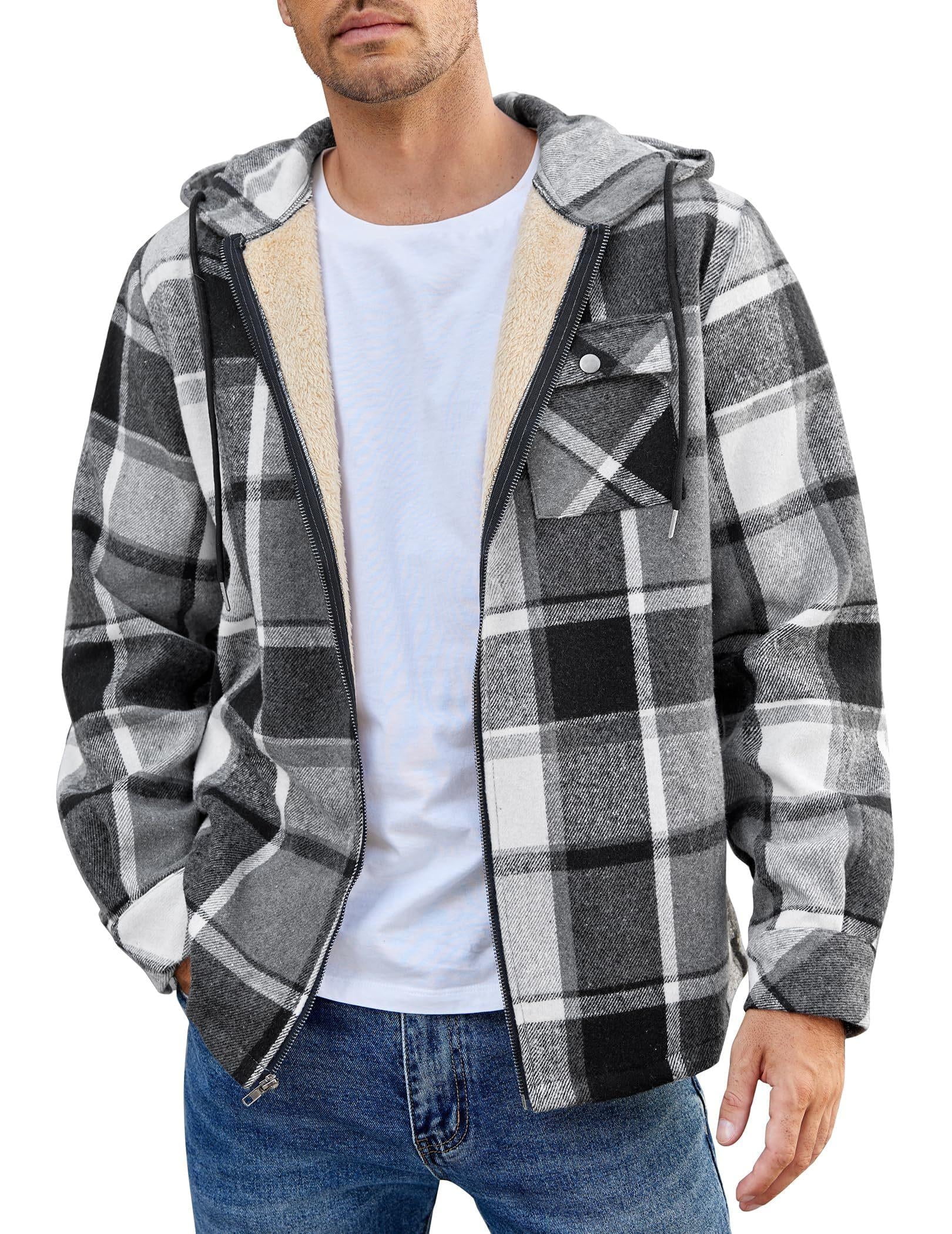 COOFANDY Men's Flannel Hooded Shirt Jacket Plaid Hoodie Zipper Sherpa Lined Winter Thermal Flannel